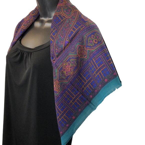 Vintage 30" Square Scarf Purple Plaid Green Paisley, Challis By Berkshire Japan - Picture 4 of 8